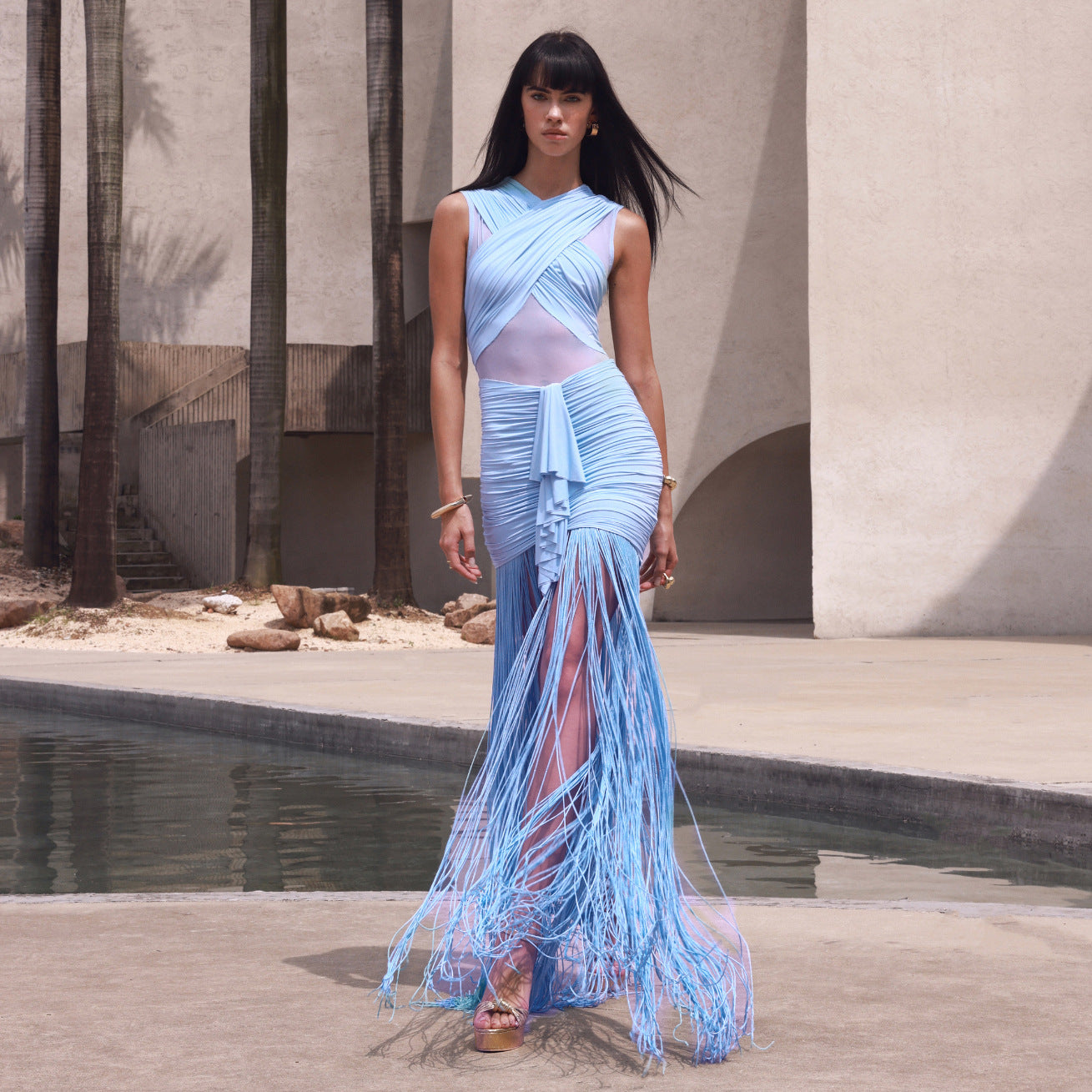 Solid Sling See-Through Mesh Pleated Cross Vacation Dress