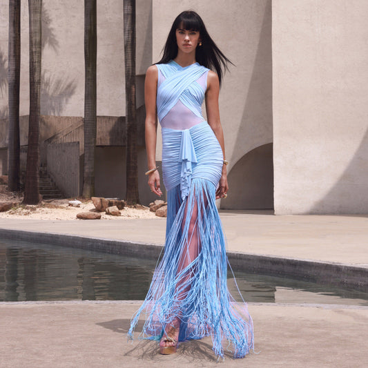 Solid Sling See-Through Mesh Pleated Cross Vacation Dress