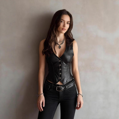 Faux Leather V-Neck Button Waist Short Vest Top