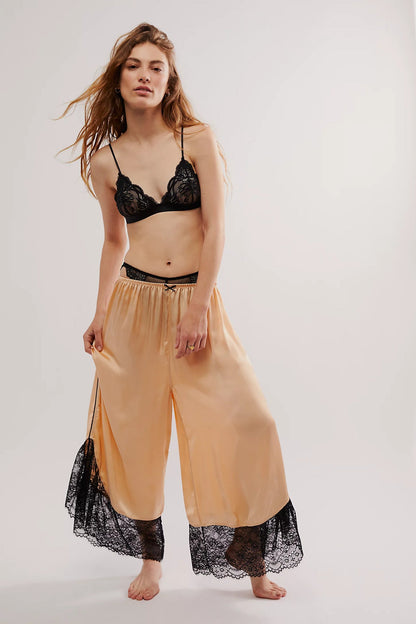Lace Satin Wide-Leg Office Trousers