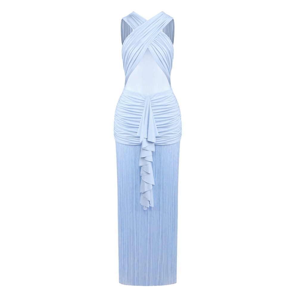 Solid Sling See-Through Mesh Pleated Cross Vacation Dress