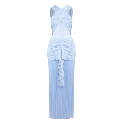 Solid Sling See-Through Mesh Pleated Cross Vacation Dress