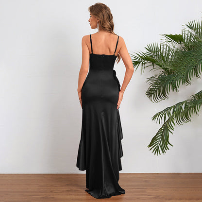 Spaghetti Strap Ruffle Slit Midi Dress