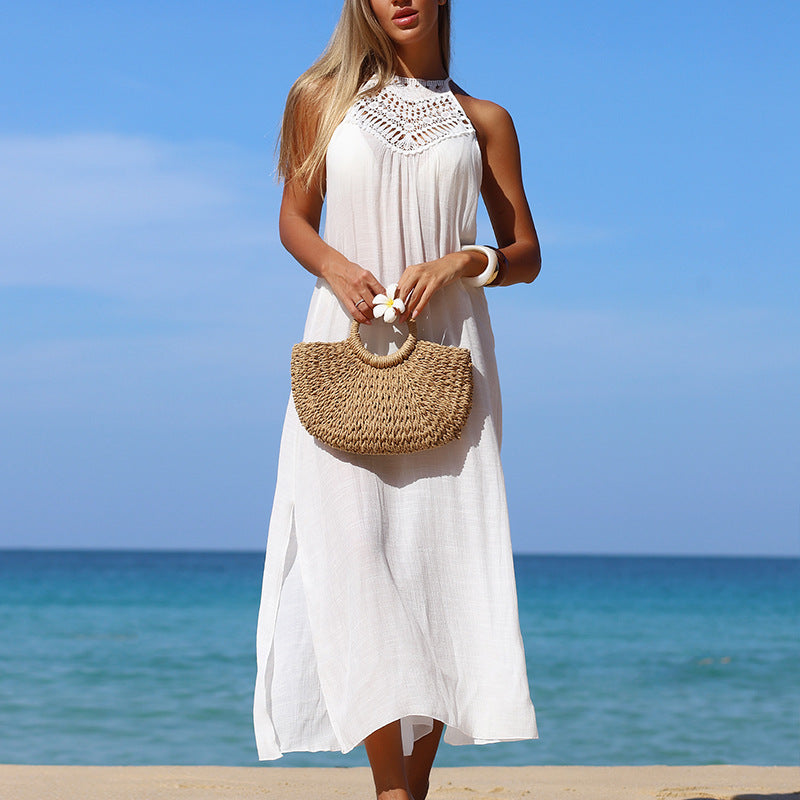 Crochet Suspender Side-Split Sun Protection Maxi Dress