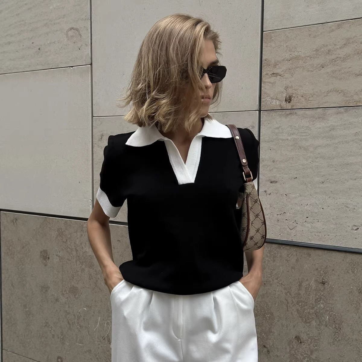 Polo Collar Contrast Color Slim Knit Short Sleeve Top