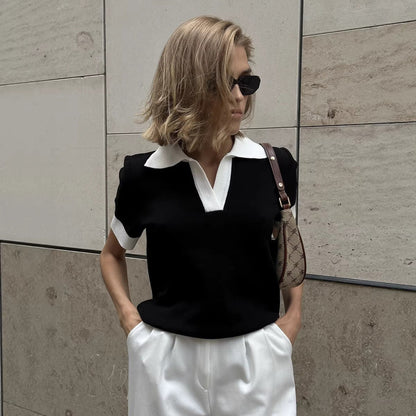 Polo Collar Contrast Color Slim Knit Short Sleeve Top