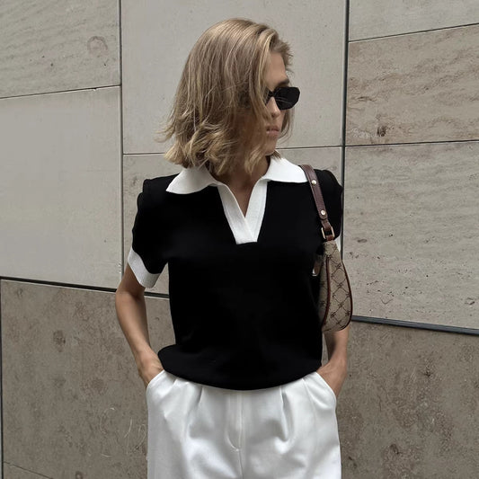 Polo Collar Contrast Color Slim Knit Short Sleeve Top