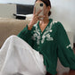 Pearl Button Embroidered Lantern Sleeve V-Neck Top