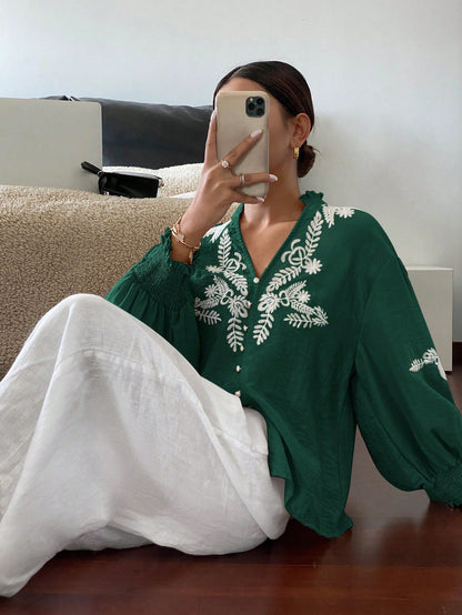 Pearl Button Embroidered Lantern Sleeve V-Neck Top