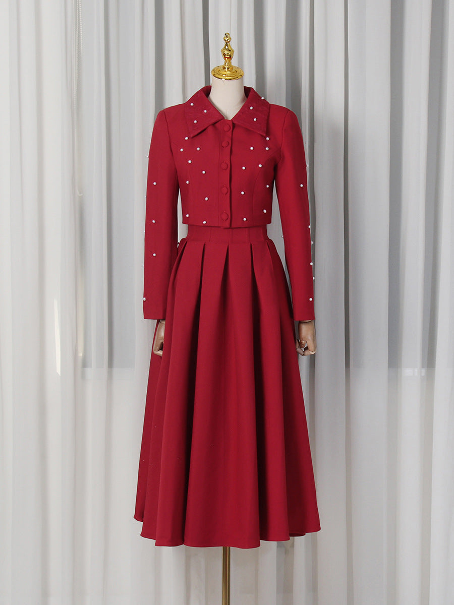 Beaded Collar Long Sleeve Pleated Slim Maxi Dress Two-Piece Set