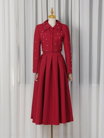 Beaded Collar Long Sleeve Pleated Slim Maxi Dress Two-Piece Set