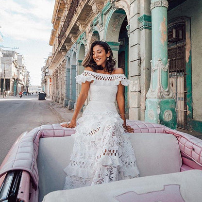 Off-Shoulder Ruffle Hollow-Out Lace Maxi Dress
