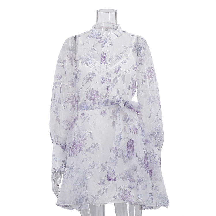 Lace Print Stand Collar Long Sleeve Dress