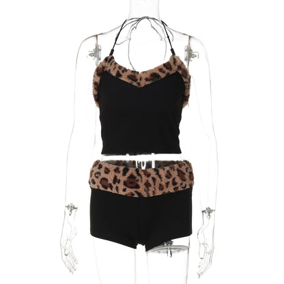 Leopard Lace-Up Slim Vest & Shorts Casual Set