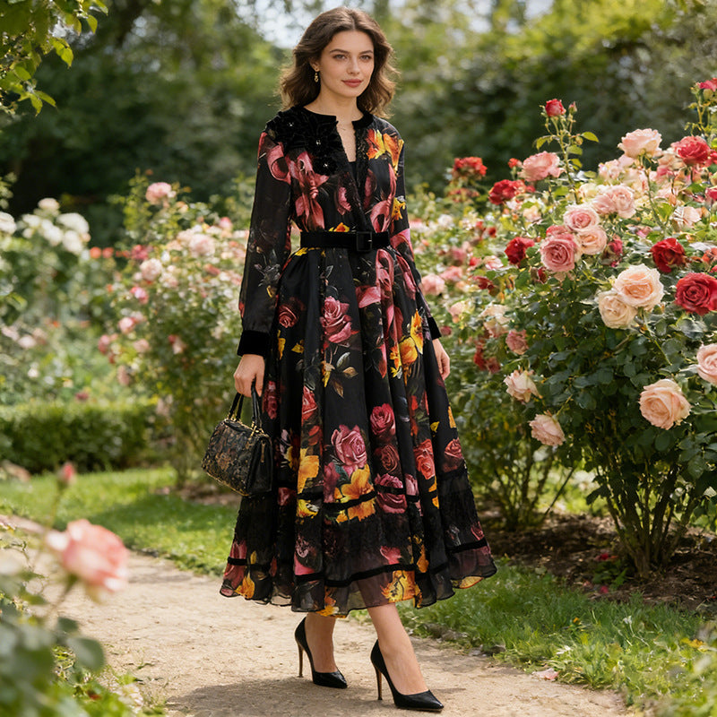 Printed V-Neck Lace Stitching Flared Sleeve Waist-Tight Dress