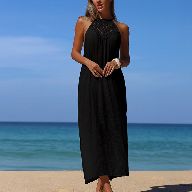 Crochet Suspender Side-Split Sun Protection Maxi Dress