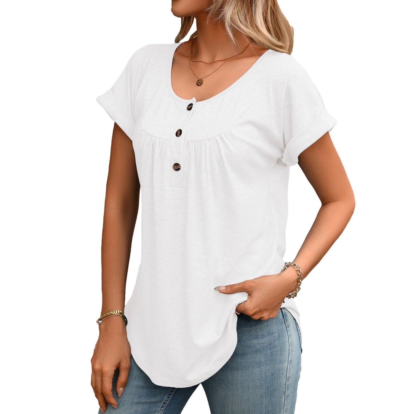 Solid Round Neck Button Loose Short Sleeve Tee
