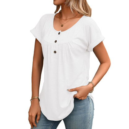 Solid Round Neck Button Loose Short Sleeve Tee