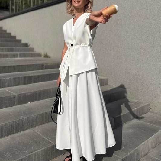 Lace-Up Waistcoat White Shirt & A-Line Skirt Two-Piece Set