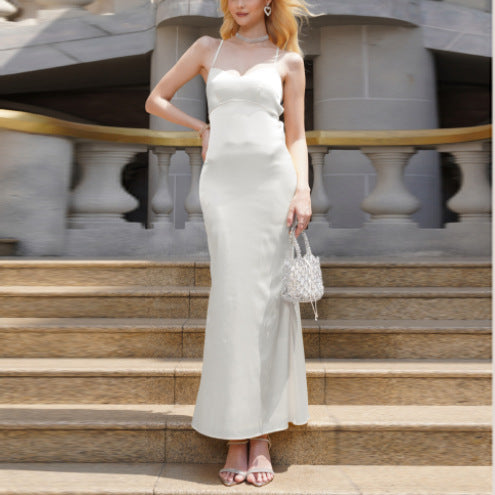 Satin Strap Backless Lace-Up Slim Maxi Dress