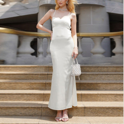 Satin Strap Backless Lace-Up Slim Maxi Dress
