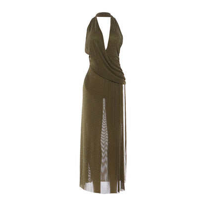 Deep V Halter Backless Split Maxi Dress