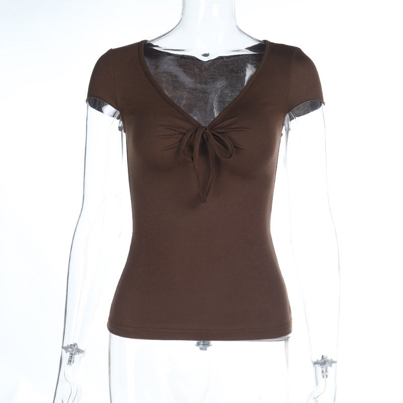 U-Neck Lace-Up Waist-Trimming Short Sleeve Top