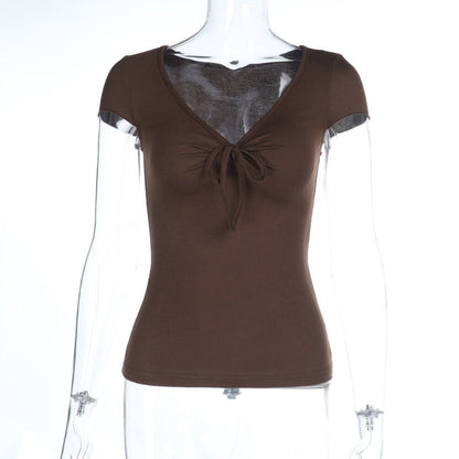 U-Neck Lace-Up Waist-Trimming Short Sleeve Top