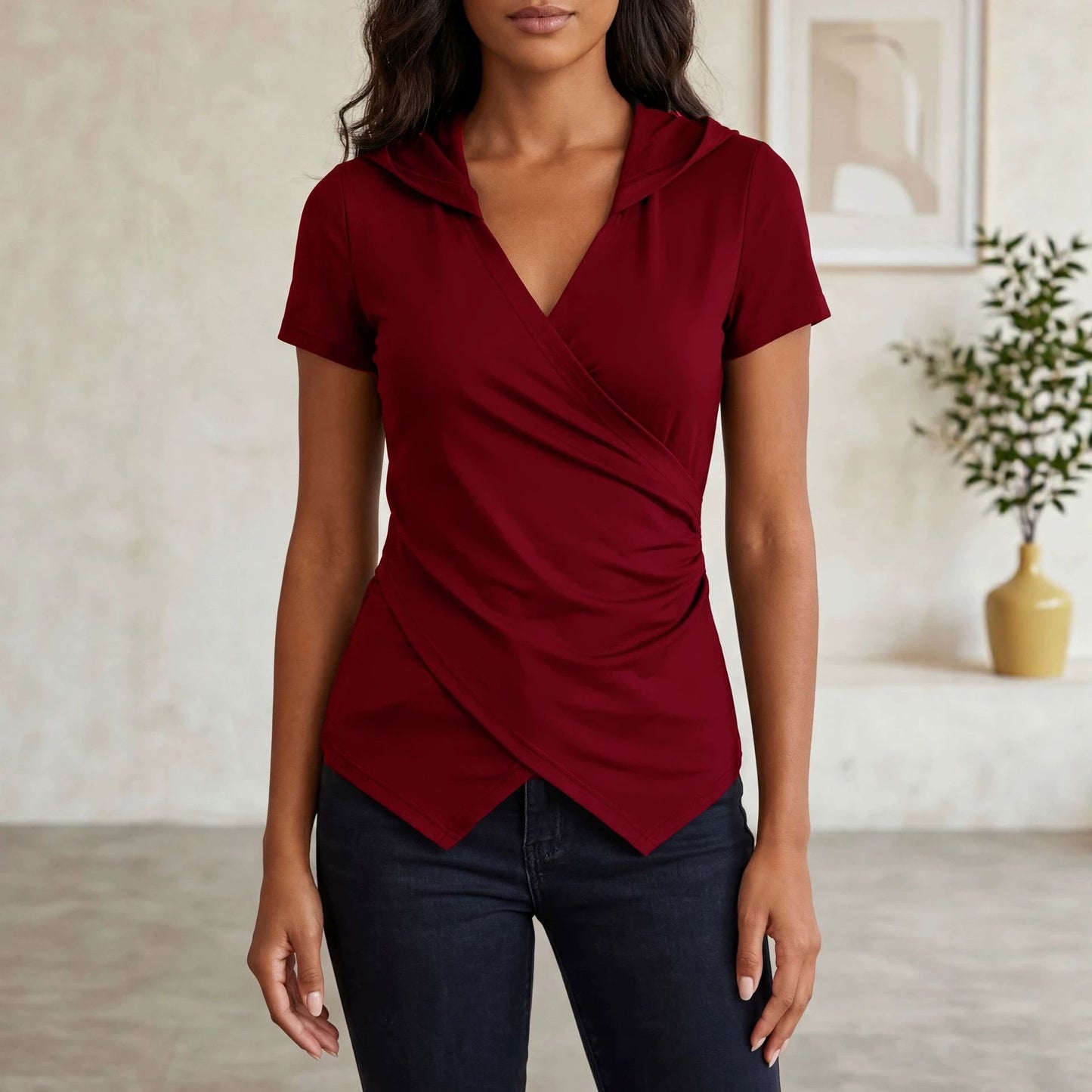 V-Neck Solid Slim Asymmetric Short Sleeve T-Shirt