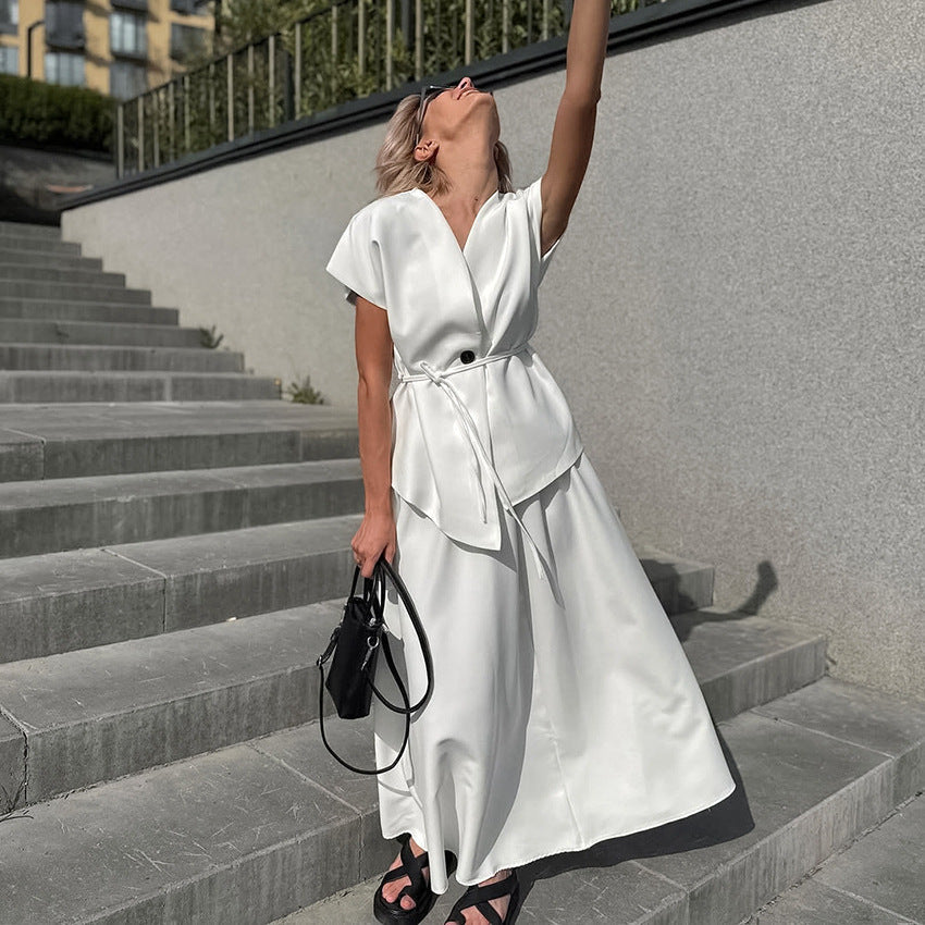 Lace-Up Waistcoat White Shirt & A-Line Skirt Two-Piece Set