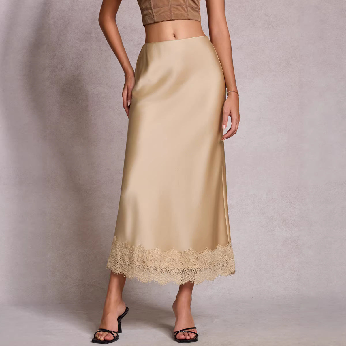 Lace Satin High Waist Pencil Midi Skirt