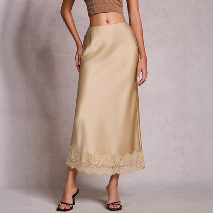 Lace Satin High Waist Pencil Midi Skirt