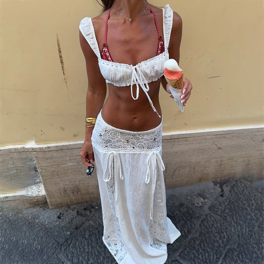 Solid Color Sexy Waist Beach Skirt Set