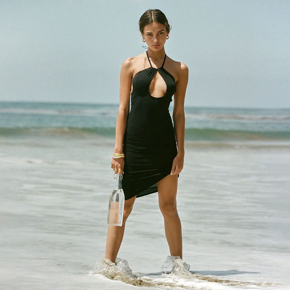 Hollow-Out Halter Backless Slit Slim Beach Dress