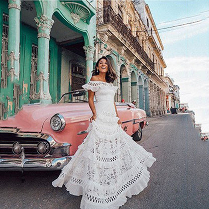 Off-Shoulder Ruffle Hollow-Out Lace Maxi Dress