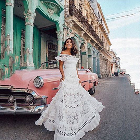 Off-Shoulder Ruffle Hollow-Out Lace Maxi Dress