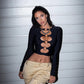 Metal Ring Hollow-Out Round Neck Long Sleeve Top