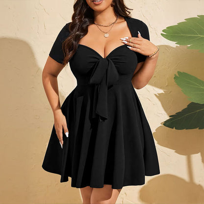 Black V-Neck Pinch Pleated Lace-Up Short Sleeve A-Line Mini Dress