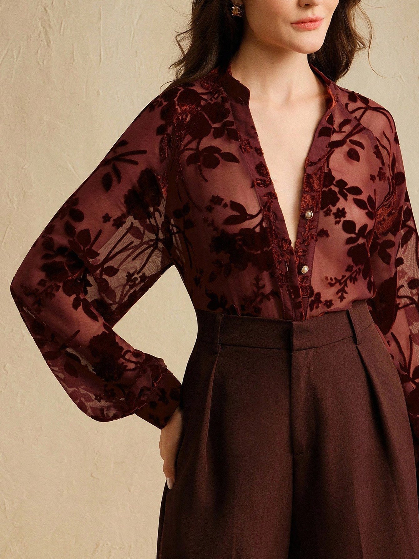 Tencel Flocking Elegant Long Sleeve Shirt
