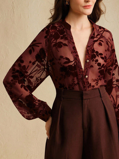 Tencel Flocking Elegant Long Sleeve Shirt