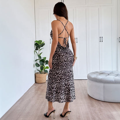 Leopard Print Backless Spaghetti Strap Slim Midi Dress