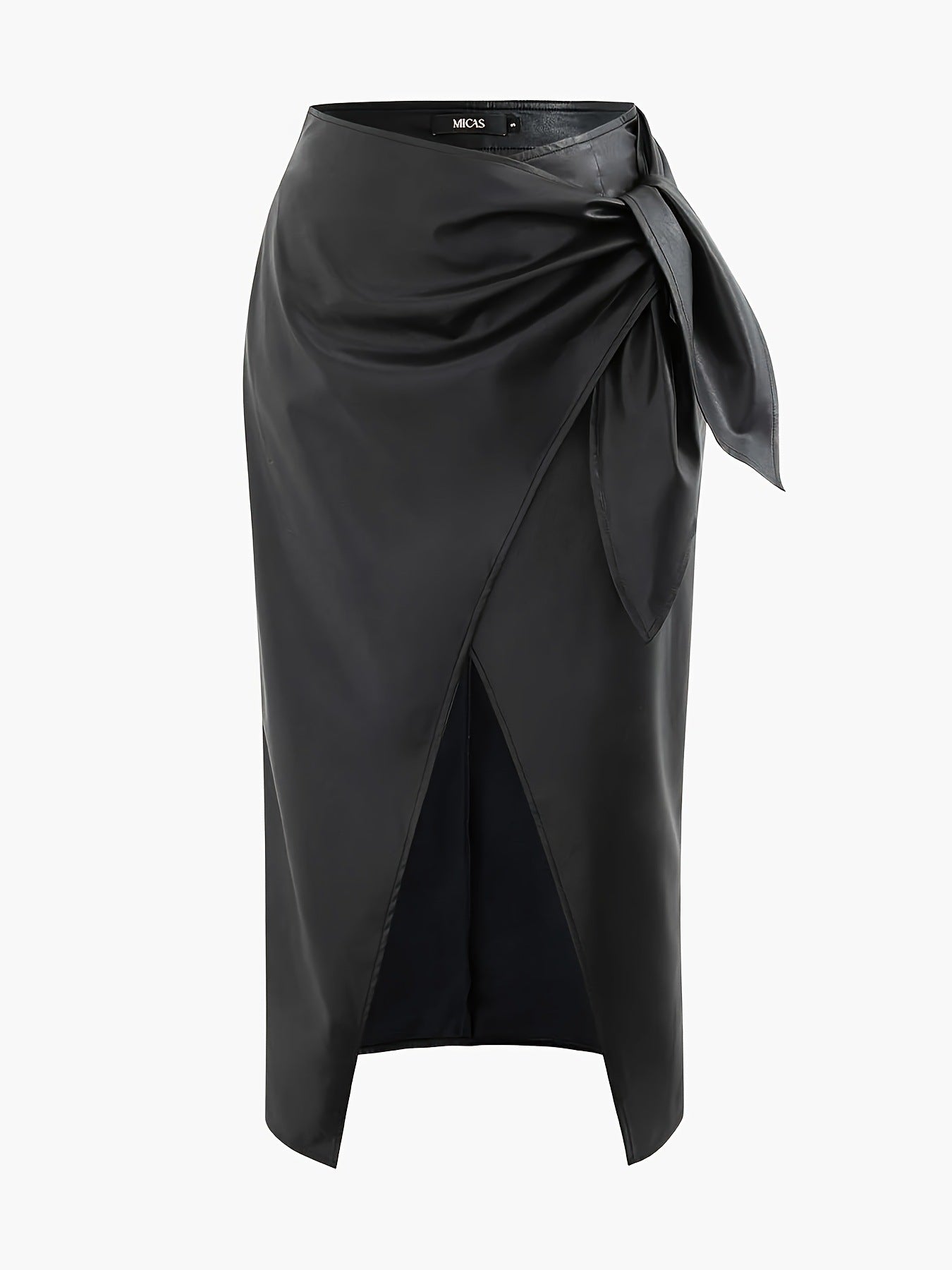 Bow Waist Faux Leather Glossy Split Midi Skirt