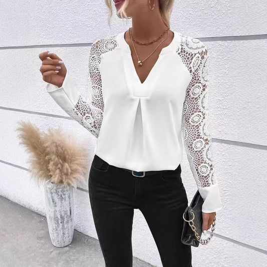 Embroidered Lace Sleeve V-Neck Spring Blouse