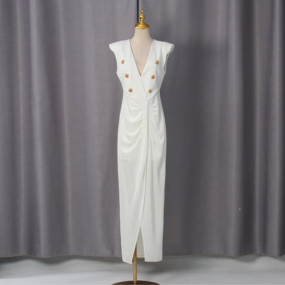 V-Neck Sleeveless Metal Accent Waist-Tight Split Dress