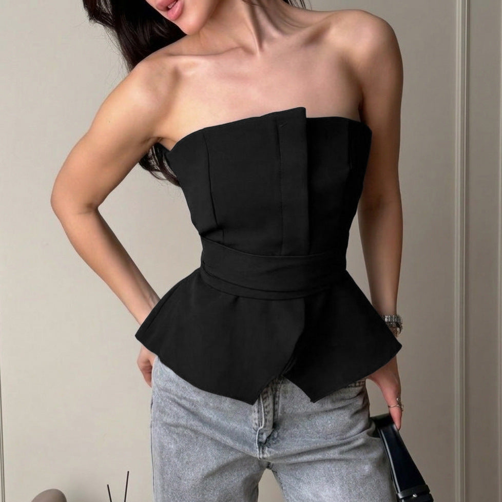 Tied Waist Side Slit Tube Top Vest