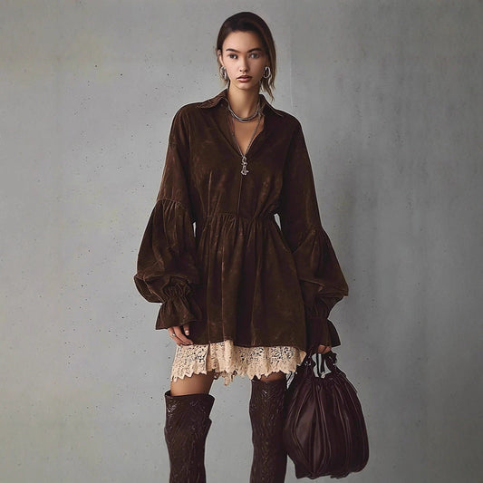 Loose Lantern Sleeve V-Neck Lace Patchwork Waist-Slimming Dress