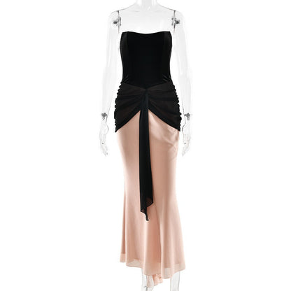 Pleated Ribbon Slim High Waist Color Contrast Chest Wrap Dress