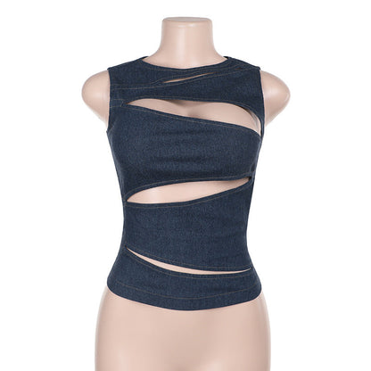 Cutout Zipper Denim-Look Crop Vest Top