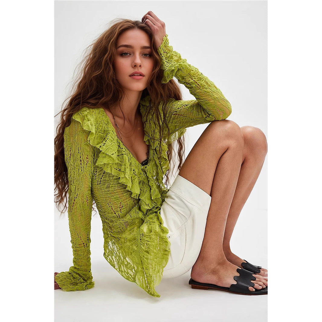 Lace V-Neck Ruffle Cardigan Short Knit Top