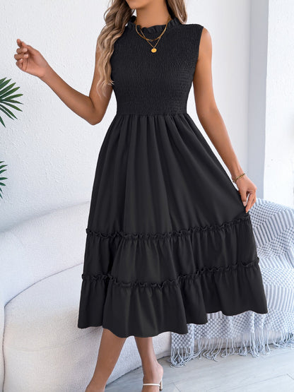 Smocked Waist-Tight Wooden Ear Large Swing Sleeveless Dress